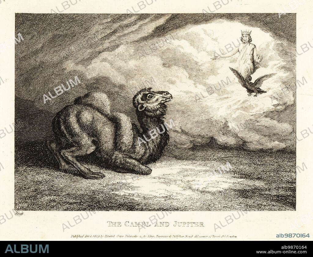 A camel begging Jupiter for horns. The Greek god rides on an eagle. The camel and Jupiter. Illustration of a fable by Greek author Aesop. Copperplate etching drawn and engraved from life by Samuel Howitt from his own A New Work of Animals, Principally Designed from the Fables of Aesop, Gay and Phaedrus, Edward Orme, London, 1811.