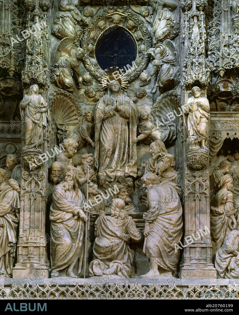 DAMIAN FORMENT CABOT. INTERIOR-RETABLO MAYOR-1509-DET ASUNCION VIRGEN Y EXPOSITORIO STMO SACRAMENTO.