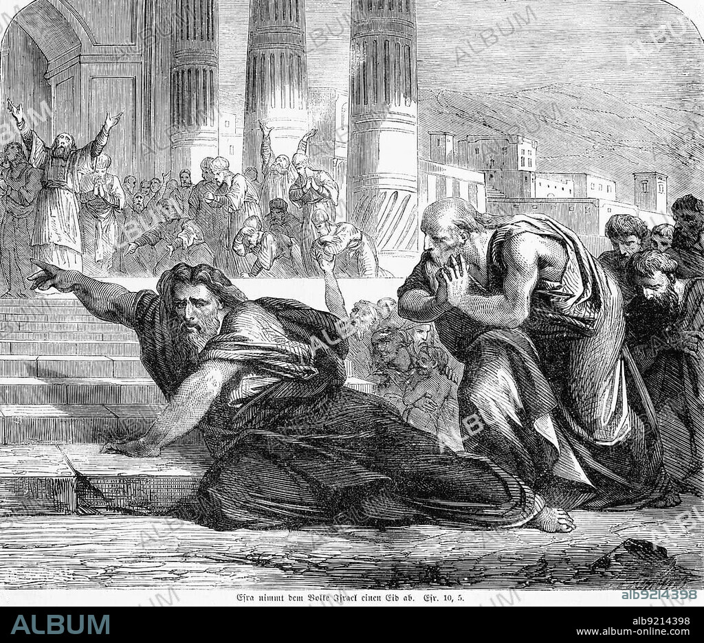 Ezra takes an oath to the people of Israel, crowd, temple, priests, Levites, Israel, swear, steps, pillars, Bible, Old Testament, The Book of Ezra, chapter 10, verse 5, historical illustration circa 1850