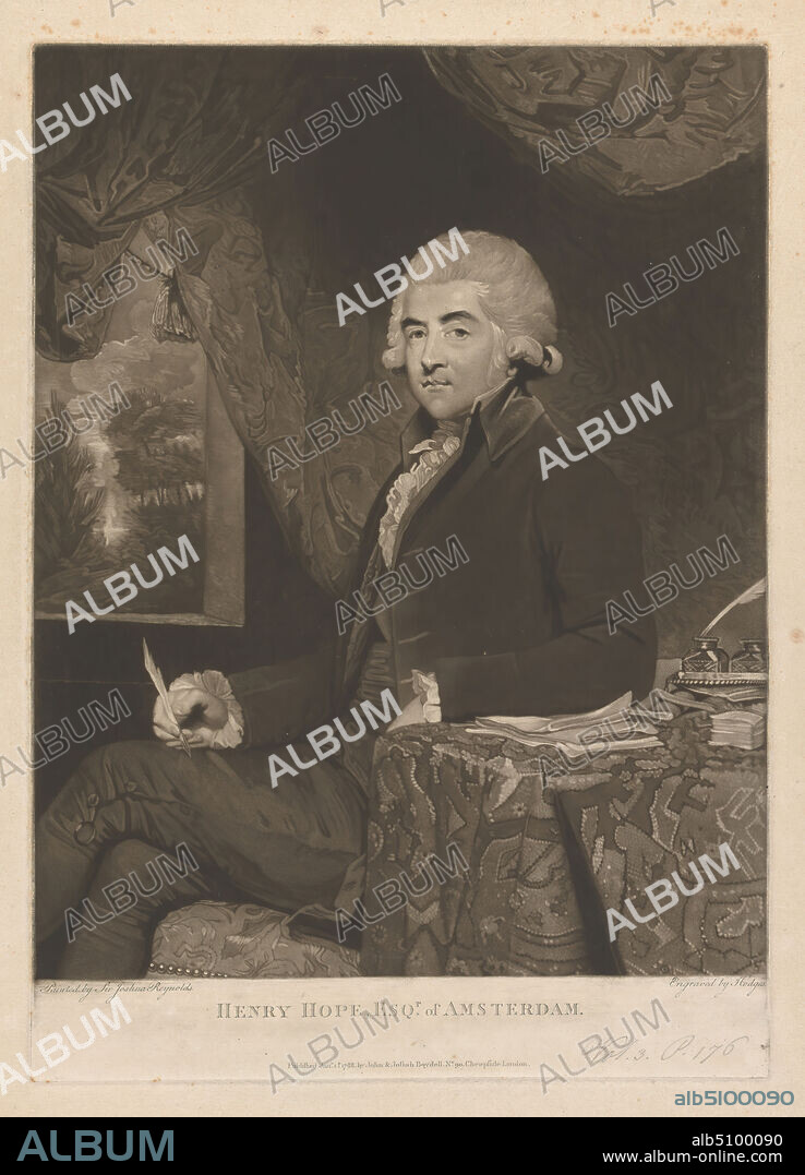 Henry Hope Esq. of Amsterdam, Charles Howard Hodges, 17641837, British, after Sir Joshua Reynolds RA, 17231792, British, 1788, Mezzotint on moderately thick, moderately textured, beige, laid paper, Sheet: 17 7/16 × 12 3/4 inches (44.3 × 32.4 cm), Plate: 15 7/8 × 11 3/8 inches (40.3 × 28.9 cm), and Image: 14 1/4 × 11 5/16 inches (36.2 × 28.7 cm).