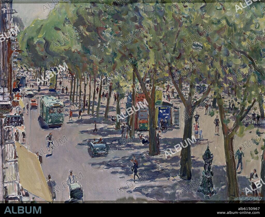 JOSEP AMAT PAGÈS. LAS RAMBLAS - 1963 - OlEO/LIENZO - 50X65 CM.