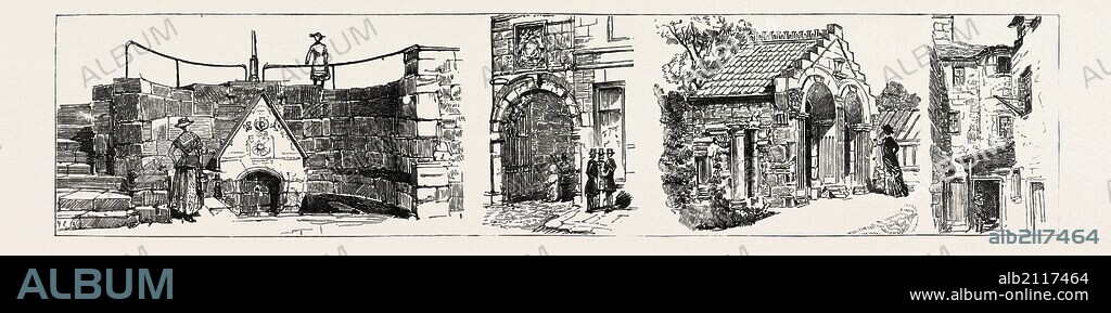 ABERDEEN: THE WELL OF SPA (LEFT); OLD GATEWAY TO MARISCHAL COLLEGE (SECOND FROM LEFT); SUMMER HOUSE IN DEE STREET, CONSTRUCTED FROM REMAINS OF OLD ST. NICHOLAS CHURCH AND OLD TOWN HALL (SECOND FROM RIGHT); IN THE SHIP ROW, THE REMAINS OF THE HOUSE OF A SCOTTISH NOBLE (RIGHT)., UK.