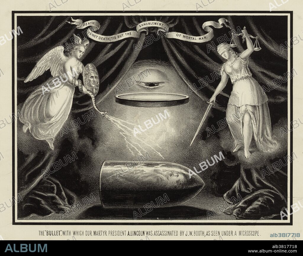 Entitled: "The bullet, with which our martyr President Abraham Lincoln was assassinated by J.W. Booth, as seen under a microscope." Chicago Lithograph Company, 1867. Lincoln's bodyguard, John Parker, left Ford's Theater during intermission to join Lincoln's coachman for drinks in the Star Saloon next door. The now unguarded President sat in his state box in the balcony. Seizing the opportunity, Booth crept up from behind and at about 10:13 pm, aimed at the back of Lincoln's head and fired at point-blank range, mortally wounding the President. Major Henry Rathbone momentarily grappled with Booth, but Booth stabbed him and escaped. After being on the run for 12 days, Booth was tracked down and found on a farm in Virginia, some 70 miles south of Washington, D.C. After refusing to surrender to Union troops, Booth was killed by Sergeant Boston Corbett on April 26.