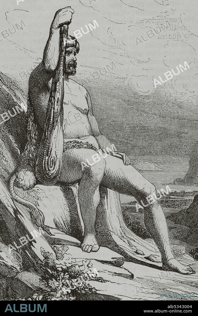 Hércules (mitología romana) o Heracles (mitología griega). Héroe de la mitología clásica. Grabado. Historia General de España por el Padre Mariana. Madrid, 1852.