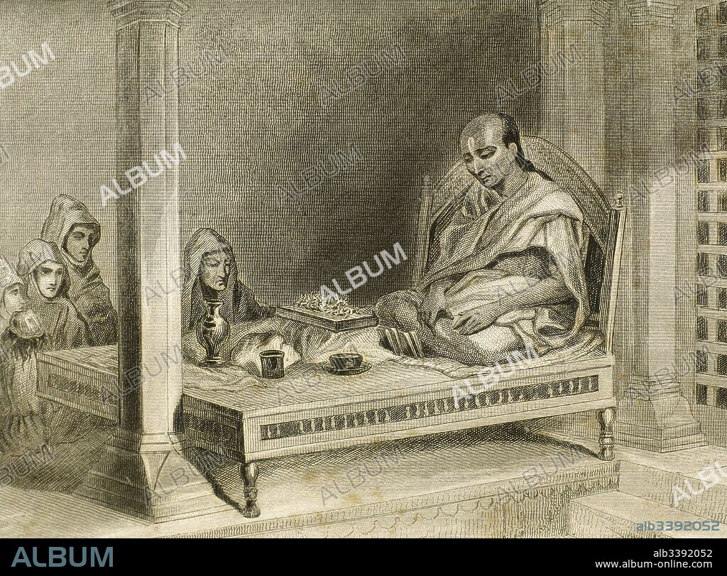 India. Pundit explaining the Holy Scriptures. Anonymous Engraving. Lemaitre direxit. "Panorama Universal, India", 1845.