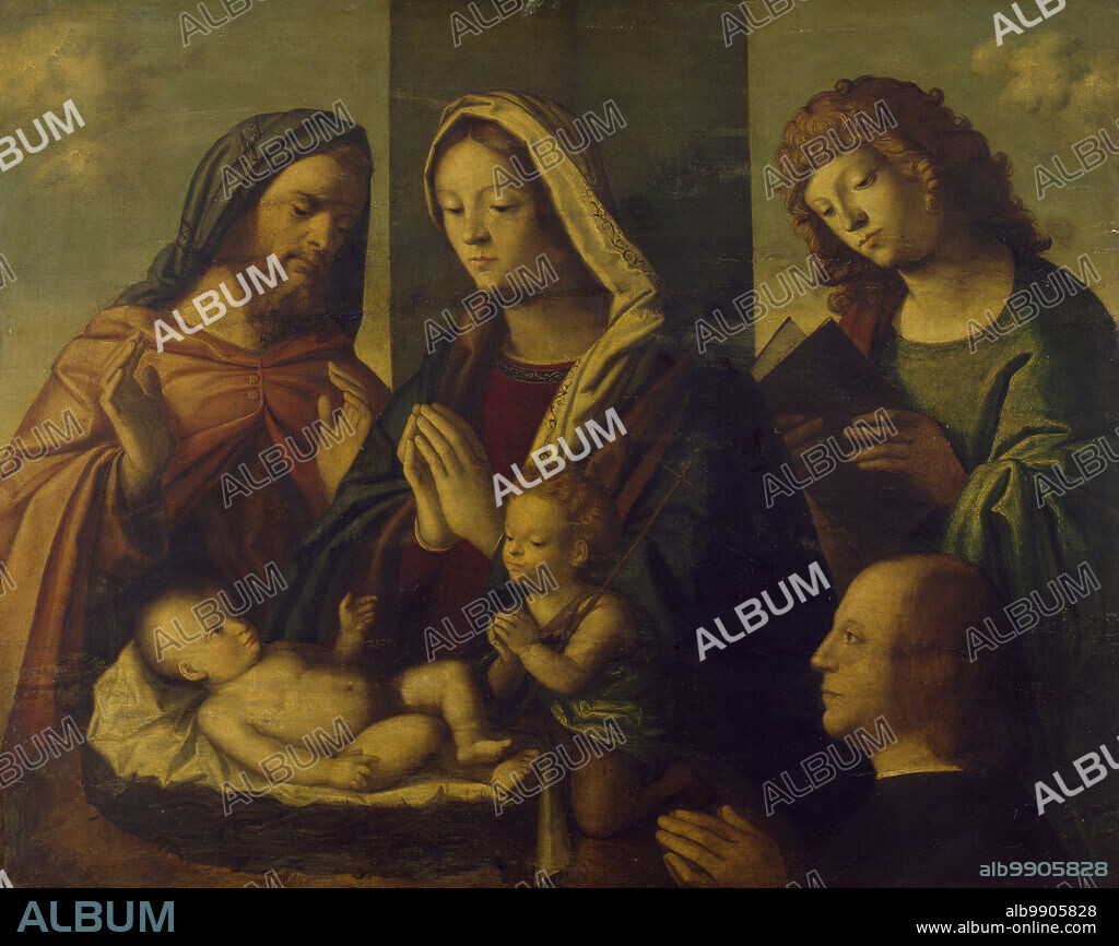 LUCA ANTONIO BUSCATTI. The Holy Family with the Young St. John the Baptist, St. John the Evangelist, and a Donor, c1510. This painting combines two of the most popular subjects in Italian Renaissance art: the “sacred conversation” (a group of holy figures are placed in a unified space) and the Nativity. The Virgin Mary, standing before deep green cloth of honor, and Saint Joseph (left) adore the newborn Christ, who in accordance with biblical tradition lies in a simple straw manger. Christ’s infant cousin John the Baptist joins in the adoration while one of Christ’s later followers, John the Evangelist, is absorbed in a book at the right. The man beneath Saint John—bust-length, in prayer, and in typical 16th-century dress—is the individual who commissioned the work. Renaissance art patrons often asked to be depicted in their religious commissions as an expression of their piety. This painting was likely intended as a private devotional object in the man’s home.