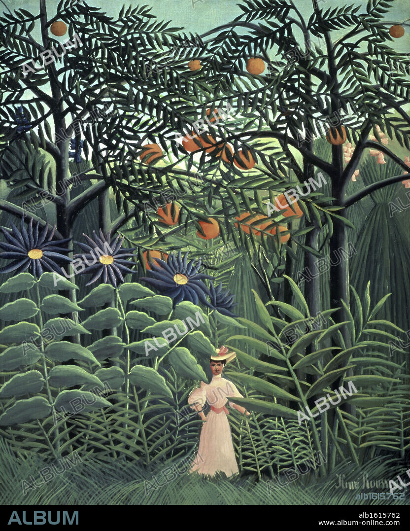 HENRI ROUSSEAU. Woman Walking in an Exotic Forest   Femme se Promenante Dans une Foret Exotique 1905,  Oil on Canvas  Henri  Rousseau (1844-1910/French)  Barnes Foundation, Merion, Pennsylvania.