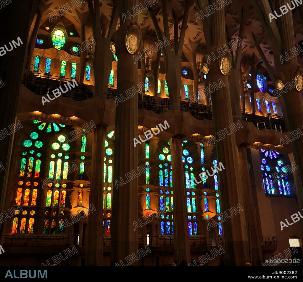 JOAN VILA-GRAU. Stained glass window at the Basílica i Temple Expiatori de la Sagrada Família, a Roman Catholic church in Barcelona, designed by Spanish architect Antoni Gaudí (18521926). Dated 21st Century.