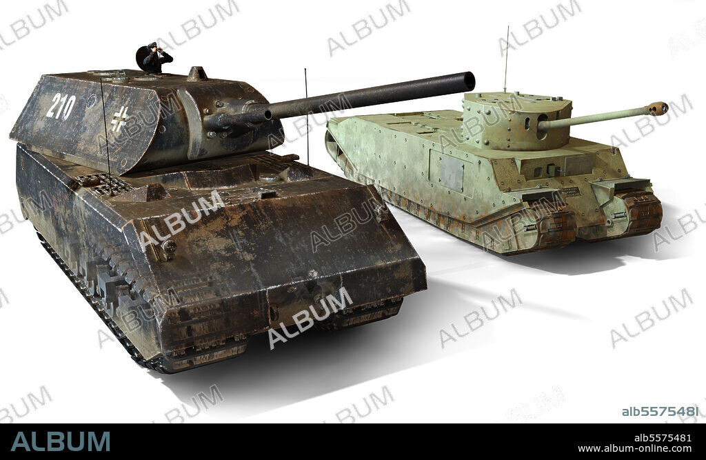 Illustration of two super-heavy tank models: the German Panzer VIII Maus and the British TOG II (The Old Gang).