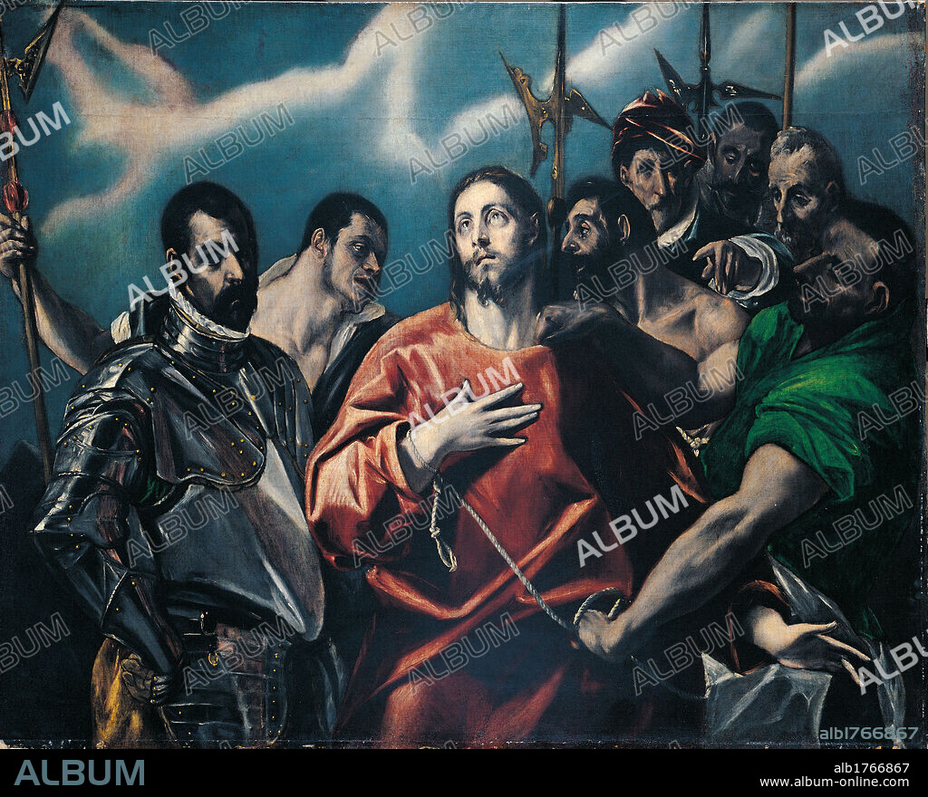The Disrobing of Christ, by Domenico Theotokpulos known as El Greco, 1580 about, 16th Century, oil on canvas,. Hungary, Budapest, Szpmuvszeti Mzeum (Museum of Fine Arts). All. Disrobing of Christ dress garment red green grey armor spear lance rope.
