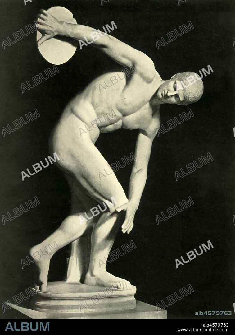 The Discobolus of Myron, 1908. 'Le Discobole De Myron'. The Discobolo di Castelporziano, a plaster composite reconstruction after the Lancellotti Discobolus, made by Professor Giulio Emanuele Rizzo in 1907, with elements from various other discus thrower sculptures: the head of the Massimi Discobolus (in the National Roman Museum in Palazzo Massimo alle Terme, Rome), the right arm from that in the Casa Buonarotti in Florence, and the feet from the Townley Discobolus in the British Museum in London. The Lancellotti Discobolus, or Discobolus Palombara, discovered in 1781, is a 1st-century Roman copy of Myron's original bronze, made in Greece the 5th century BC. From "La Revue De L'Art - Ancien et Moderne" - Volume XXIV, July-December 1908, [Paris, 1908].