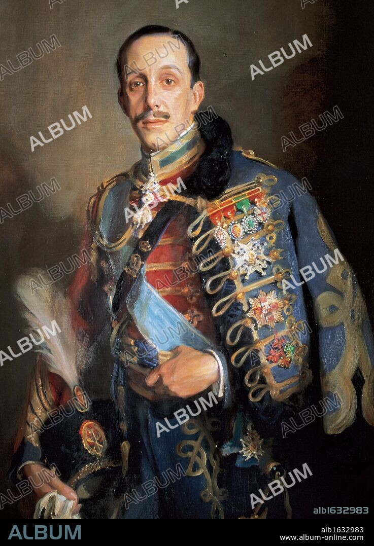ALFONSO XIII (Madrid, 1886-Roma, 1941). Rey de España (1886-1931). En 1902 juró la Constitución. Los principales problemas de su reinado fueron la descomposición de los partidos políticos, la Guerra de Marruecos y la cuestión nacional en Cataluña y el País Vasco. Oleo de Philip Alexius LAZLO. Centro de Arte Reina Sofia. Madrid. España.