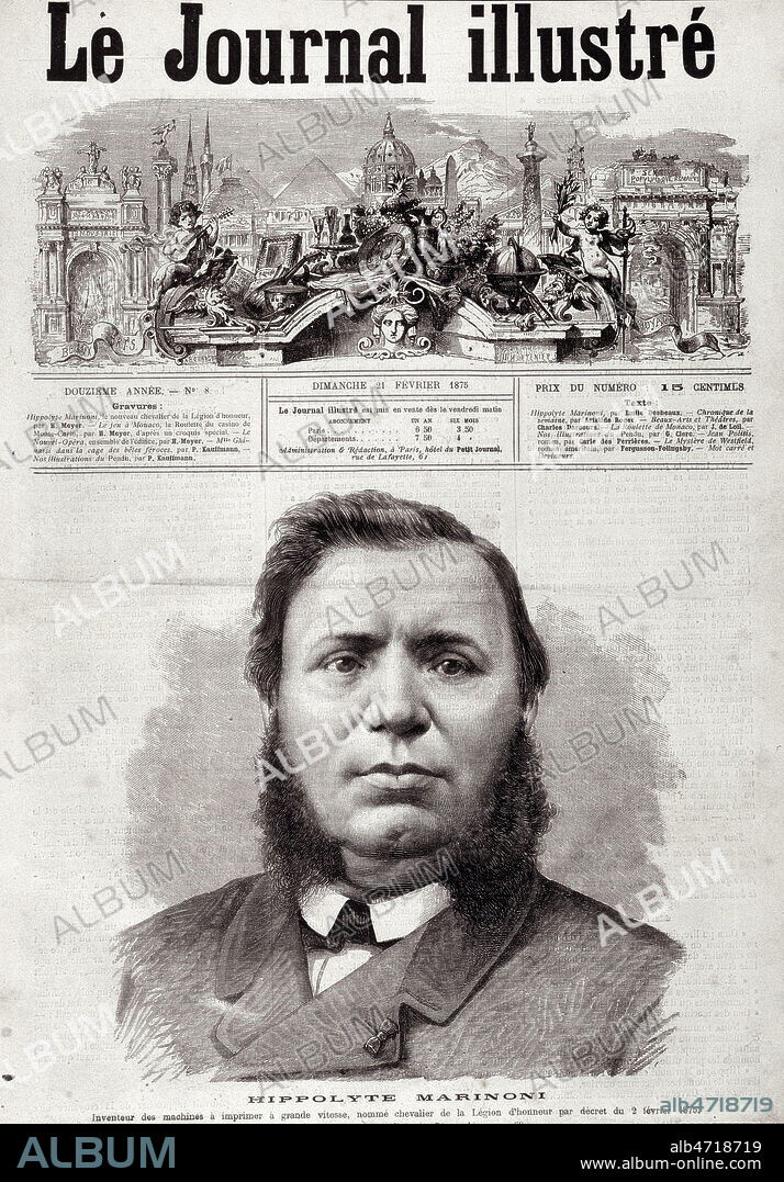 'Hippolyte MARINONI (1823-1904) nomme chevalier de la Legion d'Honneur'. Portrait publie dans Le Journal Illustreen 1875. Credit : Collection KHARBINE-TAPABOR.