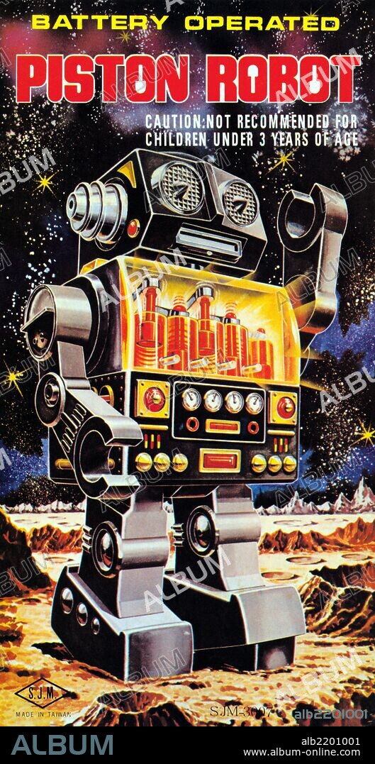 The 1950's was a time of wonder and the universe was the focus of many young imaginations.  Hollywood adopted science fiction and the toy industry followed closely.  The Japanese manufactured toy robots for the children of America and designed great boxes to hold these vintage tin toys.  This illustration art comes directly from these boxes.