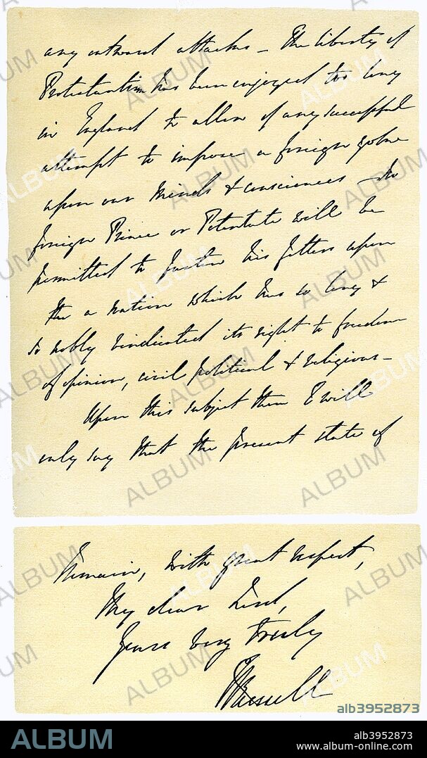 Letter from John Russell to Edward Maltby, Bishop of Durham, 4th November 1850. Letter commonly known as the  Durham Letter written from Downing Street by Russell when Lord John Russell, First Lord of the Treasury, on the aggression of the Pope by his bull establishing Roman Catholic bishoprics in England, and on the Romish tendencies of certain clergymen of the English Church. From the fifth series of Facsimiles of royal, historical, literary and other autographs in the Department of Manuscripts, British Museum: Series I-V. (London, 1899).