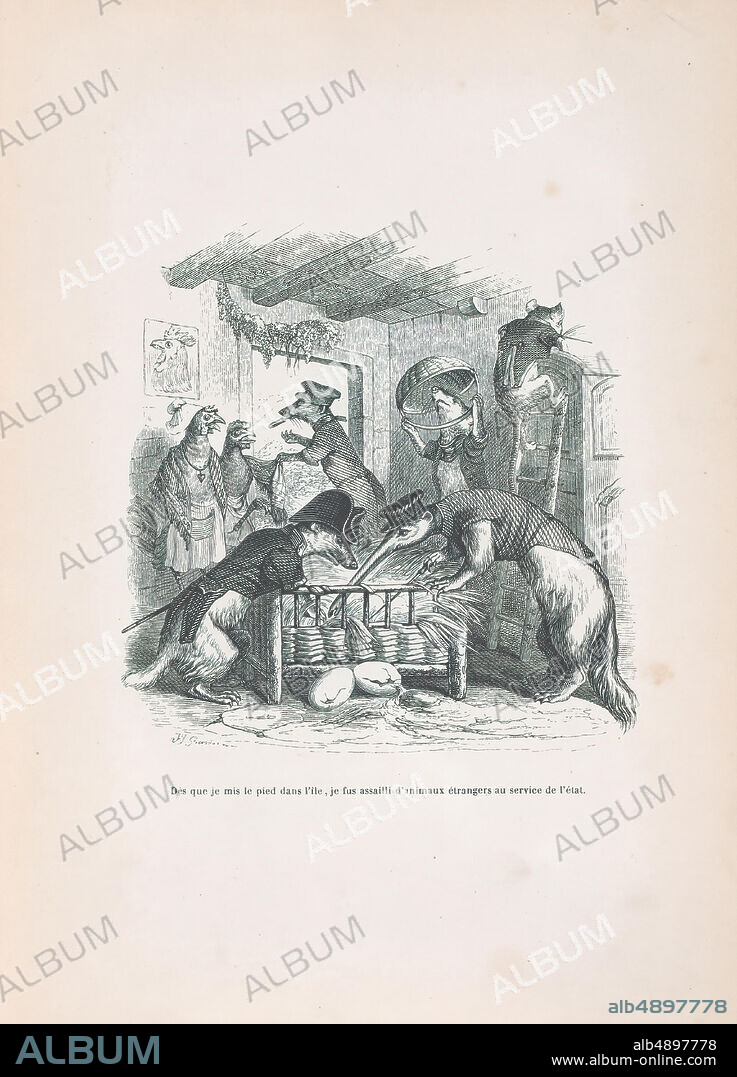J. J. Grandville, 'As soon as I set foot on the island, ' from Scenes from the Private and Public Life of Animals, Scenes de la Vie Privèe et Publique des Animaux, J. J. Grandville (French, Nancy 18031847 Vanves), Honoré de Balzac (French, Tours 17991850 Paris), ca. 183747, Wood engraving, Sheet: 10 5/16 × 7 3/16 in. (26.2 × 18.3 cm), Prints.