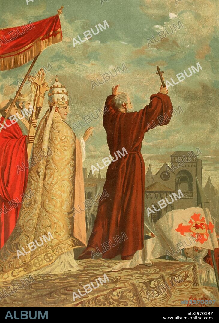 Europa. Edad Media. El clérigo francés Pedro de Amiens el Ermitaño (1050-1115) predicando a miles de cristianos, con el grito de "Deus le volt", emprendieron la marcha en 1095 hacia Tierra Santa, siendo el líder religioso de la Cruzada de los Pobres, preludio de la Primera Cruzada. Dibujo realizado por Fernando Xumetra (1860-1920). Cromolitografía. La Civilización, tomo III, 1882. Biblioteca Histórico Militar de Barcelona. Cataluña, España.