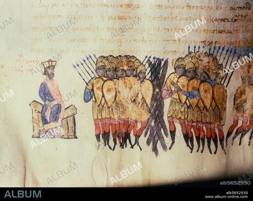 Michael IV., the Paphlagonian; Byzantine Emperor (1034-41); died. 10. Dec. 1041. -Emperor Michael IV. after his victory over the Bulgarians near Prilep.- Illumination, Byzantine, 2nd half 13th century. From: Chronicle of historian Johannes Skylitzes. Madrid, Biblioteca Nacional.