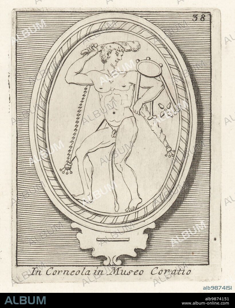 Greek hero Heracles taking the Delphic tripod. He holds his club above his head and wears the Nemean lionskin. From an engraved cornelian gem. Hercules Tripodem Auferens in Corneola in Museo Coratio. Copperplate engraving from Francesco Valesio, Antonio Gori and Ridolfino Venutis Academia Etrusca, Museum Cortonense in quo Vetera Monumenta, (Etruscan Academy or Museum of Cortona), Faustus Amideus, Rome, 1750.
