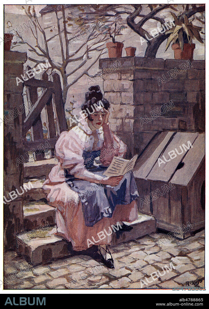 Eugenie lisant la lettre de Charles. Illustration de 1921 par Rene Xavier PRINET (1861-1946) pour Eugenie Grandet d'Honore de BALZAC (1799-1850). Credit : Collection Jonas/Kharbine-Tapabor.