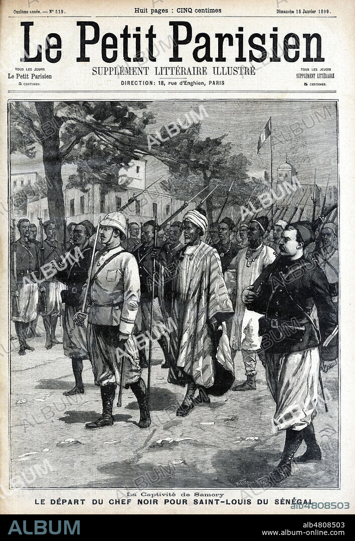 La captivite de SAMORY (1830-1900). Le depart du chef noir pour Saint-Louis du Senegal. Illustration de Tony BELTRAND (1847-1904) pour Le Petit Parisien Supplement litteraire illustre du 15 janvier 1899. Credit : Collection Kharbine-Tapabor.