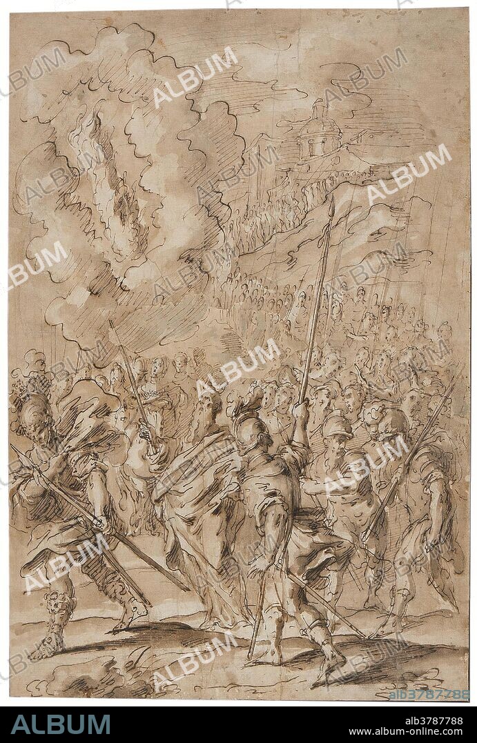 Pietro Novelli / 'Moses and the Israelites following the pillar of fire'. First half of the XVII century. Grey-brown wash, Pencil, Pencil ground, Grey-brown ink on yellow paper.