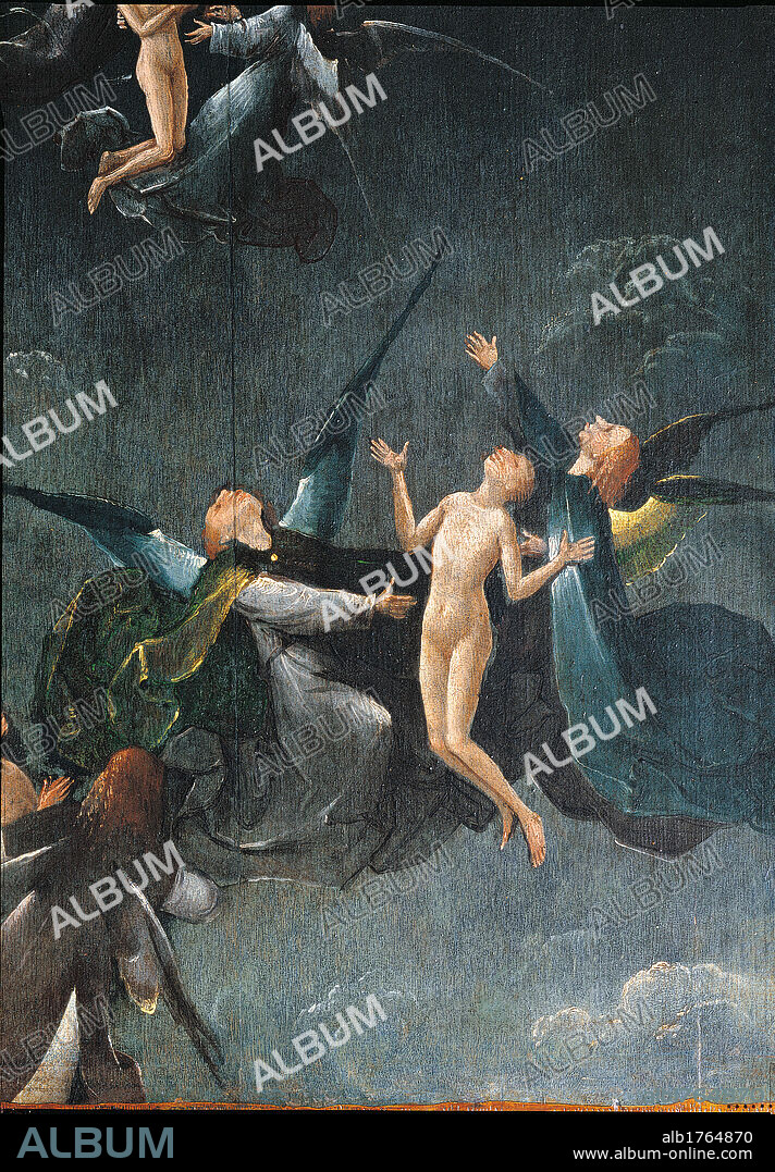 The Blessed and the Damned Souls (Visions of the Afterlife) Ascent of the Blessed into Heaven, by Joren Anthoniszoon Van Aeken known as Bosch Hieronymus, 1500-1504, 16th Century, oil on panel, 87 x 40each panel. Italy, Veneto, Venice, Doges Palace. Panels of the Visions. Detail of the Ascent into Heaven souls supported by angelic guides clouds blue.