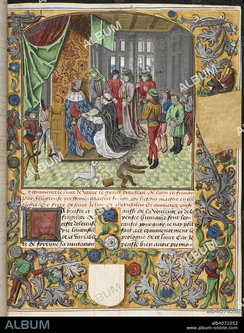 VALERIUS MAXIMUS. Miniature of Simon de Hesdin presenting his book to Charles V, King of France . In the foreground, a dog pursues a monkey. A full strew border in the Ghent-Bruges style with acanthus leaves, flowers, figures and a monkey mounted on a sheep (damaged), with a space left blank for a coat of arms. Decorated initial 'L'(a briefte) at the beginning of book 1. Les Fais et les Dis des Romains et de autres gens , vol. 1, imperfect. Netherlands, S.; last quarter of the 15th century. Source: Harley 4430, f.33. Language: French.