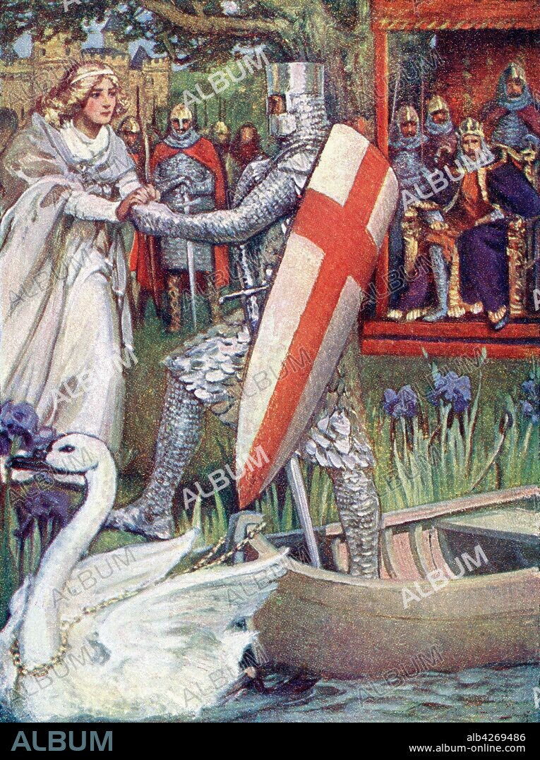 She went to meet him with outstretched hands Frontispiece from Knights of the Grail: Lohengrin,  Galahad published 1909.