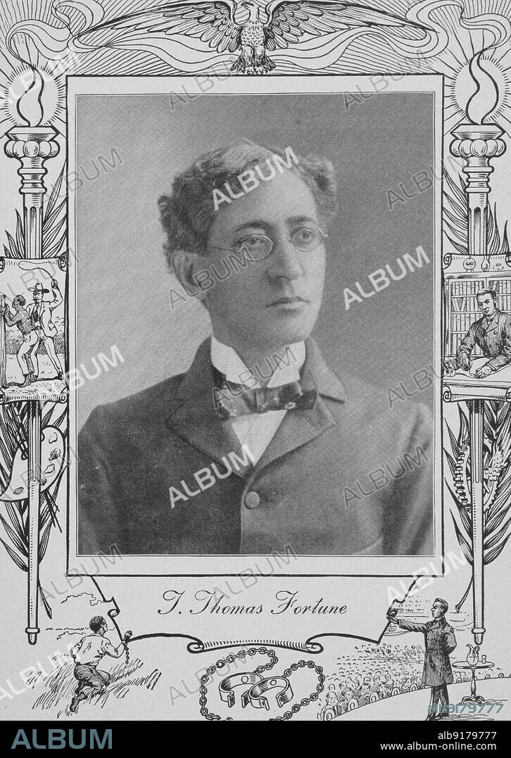 T. Thomas Fortune [recto], 1902. Timothy Thomas Fortune, African-American journalist, writer, civil rights leader; editor of the leading black newspaper 'The New York Age', adviser to Booker T. Washington. paved the way for the Civil Rights Movement. From a 'cyclopedia of thought on the vital topics relating to' black Americans.