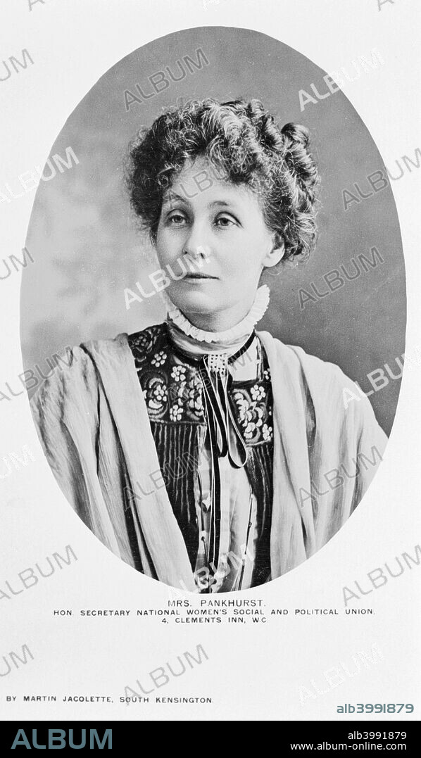 Emmeline Pankhurst, Honorary Secretary, and later Honorary Treasurer, of the WSPU, c1909. Born in Manchester from a Radical political background, Emmeline Goulden married Dr Richard Pankhurst, the 'Red Doctor', a Radical, feminist barrister. Their three daughters were all involved in the WSPU, one son died before the campaign had started, and the other died at the height of the militancy in 1910. Emmeline was a charismatic and eloquent speaker and was 'immensely popular' with the membership. By 1913 she had served three prison sentences: two in 1908 for leading a deputation to Parliament, and for inciting the public to 'rush' the House of Commons; and in the wake of the window smashing of March 1912, she was sentenced to nine months in prison for conspiracy to commit damage. She is wearing the Holloway Badge, a medal of honour designed by her daughter Sylvia, and awarded to suffragettes who had been imprisoned for their involvement in the campaign. It is an enamel arrow in the suffragette colours, mounted on a silver portcullis.