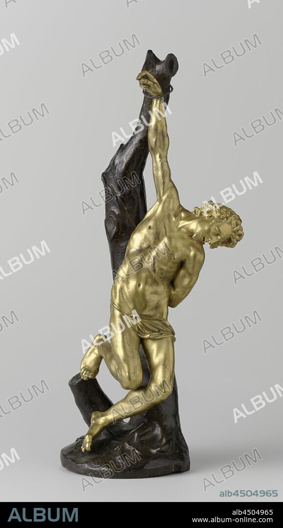 St Sebastian, Sebastiaan, Sebastiaan hangs with the right wrist tied to an upward protruding, truncated branch of an equally truncated tree trunk. The head hangs sideways to the right, the left arm is tied to the trunk on the back. The bent right leg rests with the toes against a low stump, the less bent leg hangs with the toes against the ground. St. Sebastian wears a beard and mustache. For shame he has a cloth held by a band, St. Sebastian, is tied to a tree or a pillar, is pierced by arrows (variant), Pietro Tacca (attributed to), c. 1610 - c. 1615, bronze (metal), touw, gilding, h 54.0 cm × d 21.0 cm.