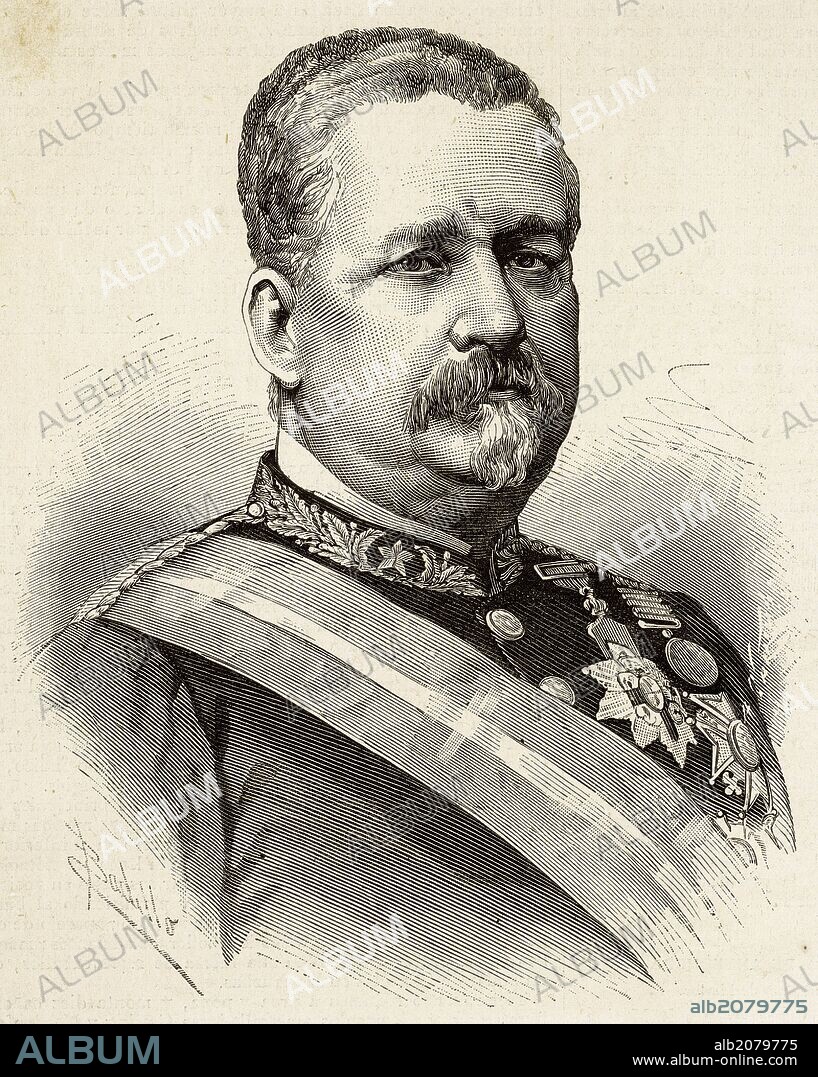 QUESADA Y MATHEWS, Jenaro (Santander,1818-Madrid, 1889). Militar español. Su brillante comportamiento en la Guerra Carlista le mereció el ascenso a capitán general. Fue ministro de la Guerra en 1883. Grabado de "La Ilustración Española y Americana", año 1884.