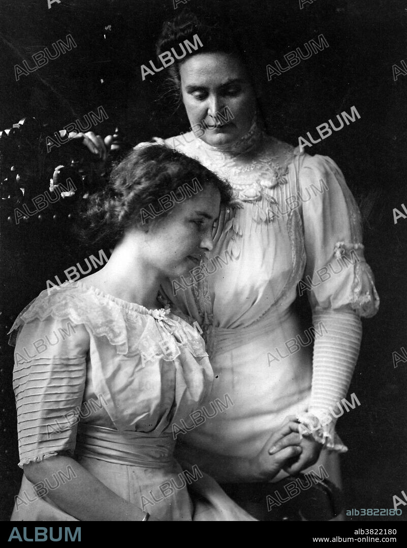 Keller holding hand of her teacher, Anne Sullivan Macy, 1909. Helen Adams Keller (June 27, 1880 - June 1, 1968) was an American author, political activist, and lecturer. She was 19 months old when she contracted an illness, which might have been scarlet fever or meningitis, that left her deaf and blind. In 1887 Anne Sullivan became Keller's instructor. A prolific author, Keller was well-traveled, and was outspoken in her anti-war convictions. A member of the Socialist Party of America and the Industrial Workers of the World, she campaigned for women's suffrage, labor rights, socialism, and other radical left causes. Keller suffered a series of strokes in 1961 and spent the last years of her life at her home. She died in her sleep in 1968 at the age of 87. Johanna "Anne" Mansfield Sullivan Macy (April 14, 1866 - October 20, 1936) was an Irish-American teacher. Visually impaired and only 20 years old, she became Keller's instructor. It was the beginning of a 49-year relationship, Sullivan evolving into governess and then eventual companion. She died in 1936, at age 70 after a coma, with Keller holding her hand.