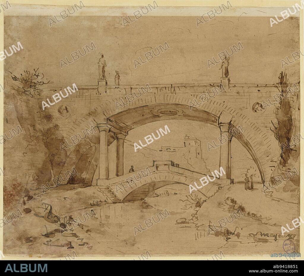 Double bridge, Mayeux, Pierre-Henri, Draughtsman, 2nd half of the 19th century, Drawing, Graphic arts, Drawing, Pen, Black ink, Ink wash, Brown ink, Height: 15.1 cm, Width: 17.5 cm.