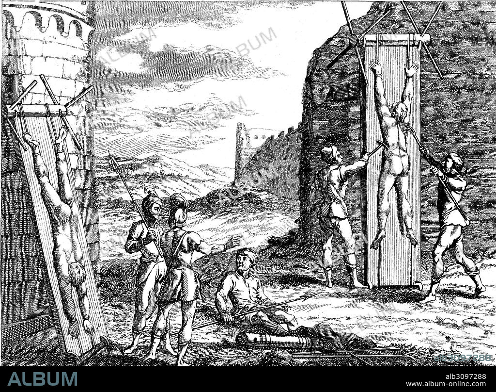 Historia sagrada. Cuerpos de condenados lacerados por garfios o pinzas de hierro. Grabado de 1862.