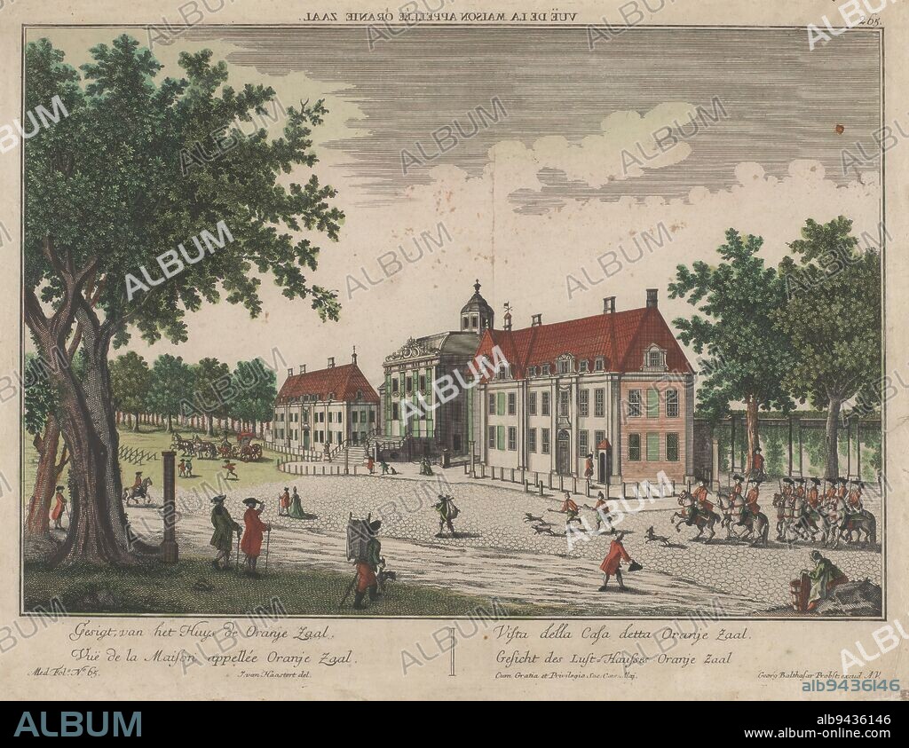 View of Paleis Huis ten Bosch with the Oranjezaal in The Hague, Vue de la Maison appellée Oranie Zaal / Gesigt, van het Huys de Oranje Zaal (...) Gesicht des Lust-Hauses Oranje Zaal (title on object), print maker: Isaac van Haastert, (mentioned on object), publisher: Georg Balthasar Probst, (mentioned on object), Jozef II (Duits keizer), (mentioned on object), print maker: Delft, publisher: Augsburg, Germany, c. 1760 - c. 1800, paper, engraving, height 313 mm × width 428 mm.