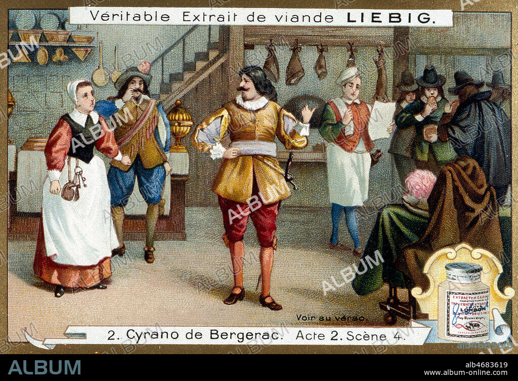 Cyrano de Bergerac, Acte II Scene 4. Chromo publicitaire Liebig de 1927 d'apres Edmond ROSTAND (1868-1918). Credit : Collection KHARBINE-TAPABOR.