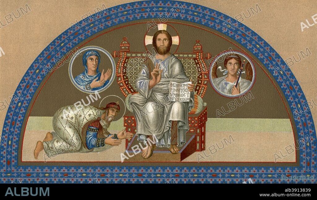 'The Enthroned Christ', (1902). Byzantine mosaic at St Sophia in Constantinople, (now Istanbul). The building has been both church and mosque and is now a museum. A print from The World's History, The Mediterranean Nations, by Dr H F Helmolt, Volume IV, (William Heinemann, London, 1902).