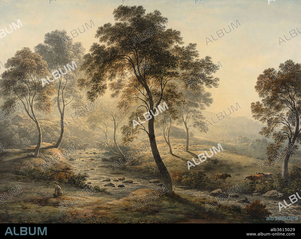 Early Morning near Loch Katrine in the Trossachs, Scotland. Artist: John Glover (British, Houghton-on-the-Hill, Leicester 1767-1849 Launceston, Tasmania). Dimensions: sheet: 16 x 21 9/16 in. (40.7 x 54.7 cm). Date: before 1831.
Known as the "English Claude," after famed seventeenth-century painter Claude Lorrain, Glover here applied that master's golden Italianate vision to a northern subject. A member of London's Society of Painters in Water-Colours, the artist demonstrated the medium's ability to convey atmospheric effects in works that commanded prices second only to those of his contemporary J. M. W. Turner. This exhibition piece depicts a locale bordering the Scottish Highlands, a region then exotic to English viewers. Delicate washes evoke sunlight diffused by mist, and Glover's distinctive split-brush technique has been used to create fuzzy, layered foliage. Bright touches of light sparkle off a stream and the shoulder of a girl who carries a jug. Shortly after making this work, Glover moved to Tasmania and helped establish Australian landscape painting.