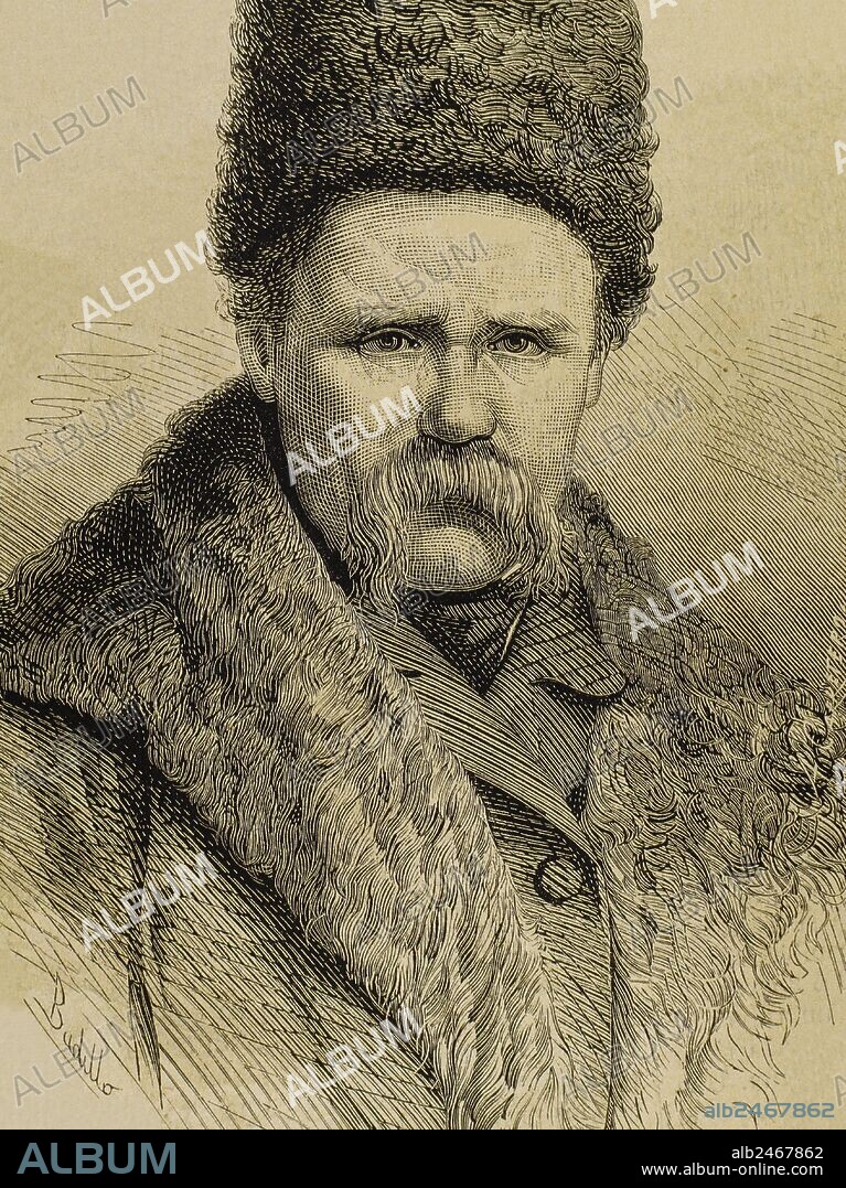 Taras Shevchenko (1814-1861). Ukrainian poet. Portrait. Engraving by La Ilustracion Espanola y Americana, 1877.