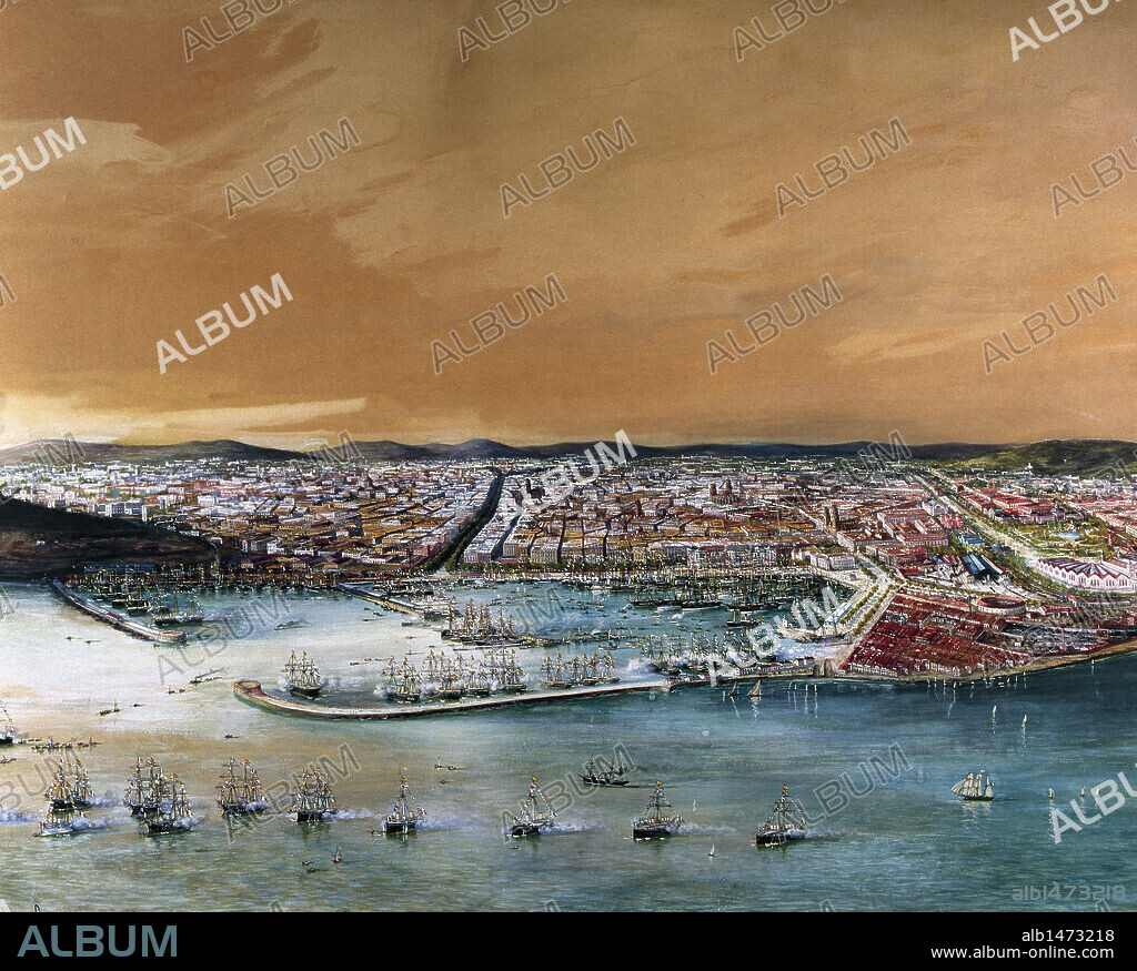 BARCELONA, 1860. Vista aérea de la ciudad según un dibujo de Antoni de P. CAULA. Cataluña.