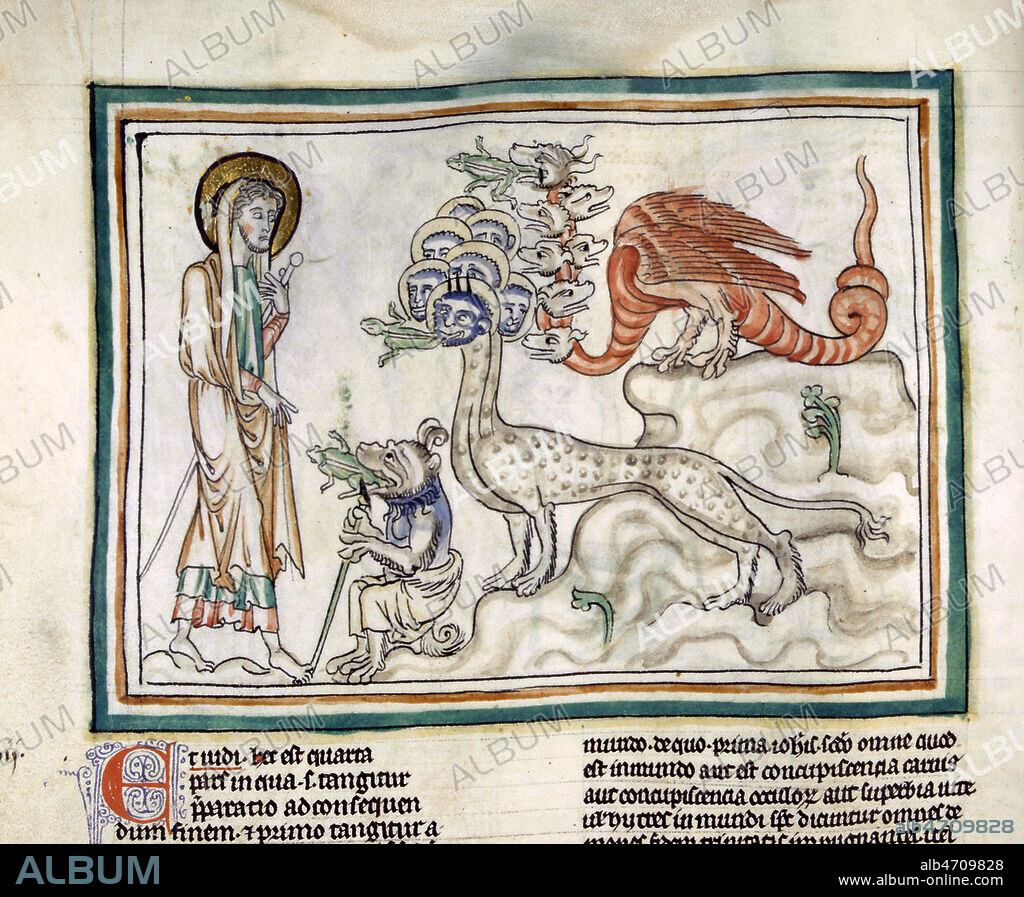 Apocalypse selon Saint Jean: Saint Jean face au dragon rouge a sept tetes, au monstre a sept tetes et au faux prophete dont trois esprits impurs semblables aux grenouilles sortent de la bouche de chacun d'eux. Manuscrit du XIIIeme siecle Bibliothèque municipale, Cambrai, ms 422. Credit: Cheuva / KHARBINE-TAPABOR.