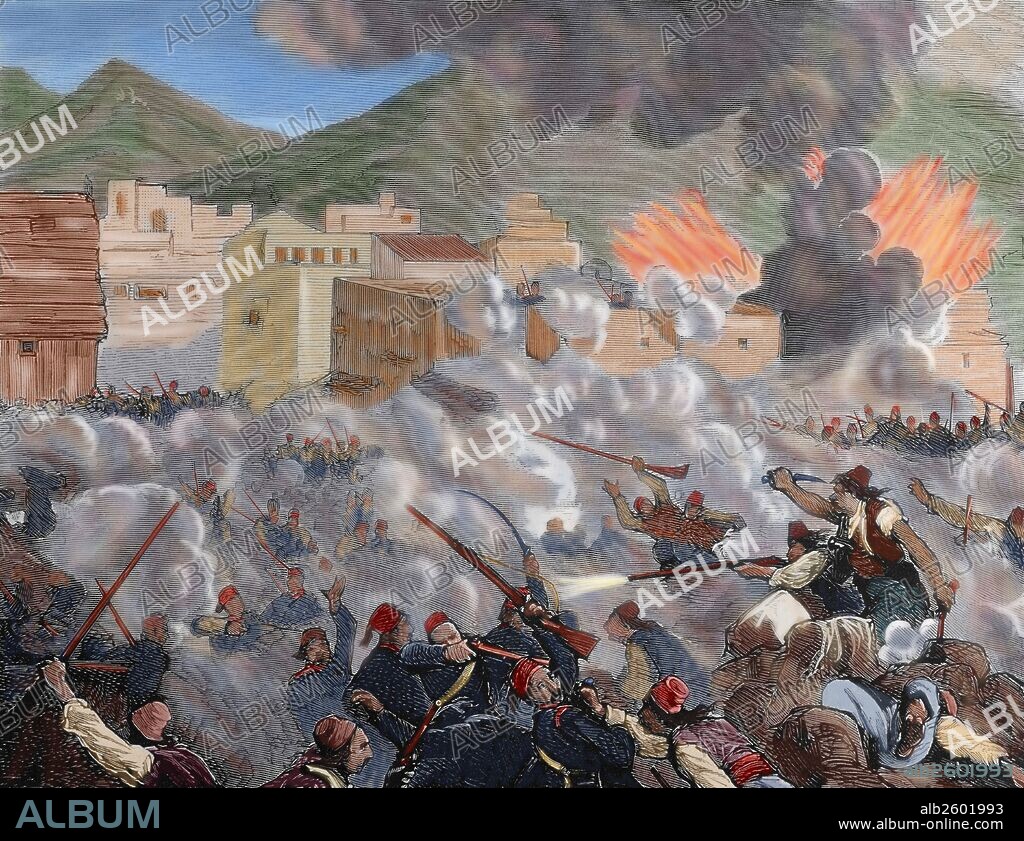 INDEPENDENCIA DE BOSNIA-HERZEGOVINA (1875). El 13 de agosto de 1875 Bosnia-Herzegovina se alza contra las tropas turcas cerca de la frontera del principado de Montenegro, para conseguir su independencia del Imperio Otomano. "INSURRECCION DE HERZEGOVINA. COMBATE EN LAS CERCANIAS DE TREBIGNE, GANADO POR LOS INSURRECTOS". Grabado de coloreado de "La Ilustración Española y Americana". 1875.