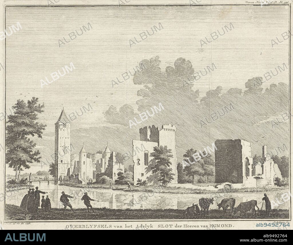 Figures and cows on the waterfront near the ruins of Egmond Castle. Top right: Vereen. Nederl. VIII. D. Bl. 356. View of the ruins of Egmond Castle Overblyfsels van het Adelijk Slot der Heeren van Egmond , print maker: Hendrik Spilman, (mentioned on object), intermediary draughtsman: Cornelis Pronk, (mentioned on object), Haarlem, 1748 - 1784, paper, etching.