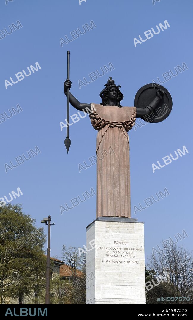 Italy. Pavia. Monument of Minerva armed by italian sculptor Francesco Messina (1900-1995) in 1938. University of Pavia.