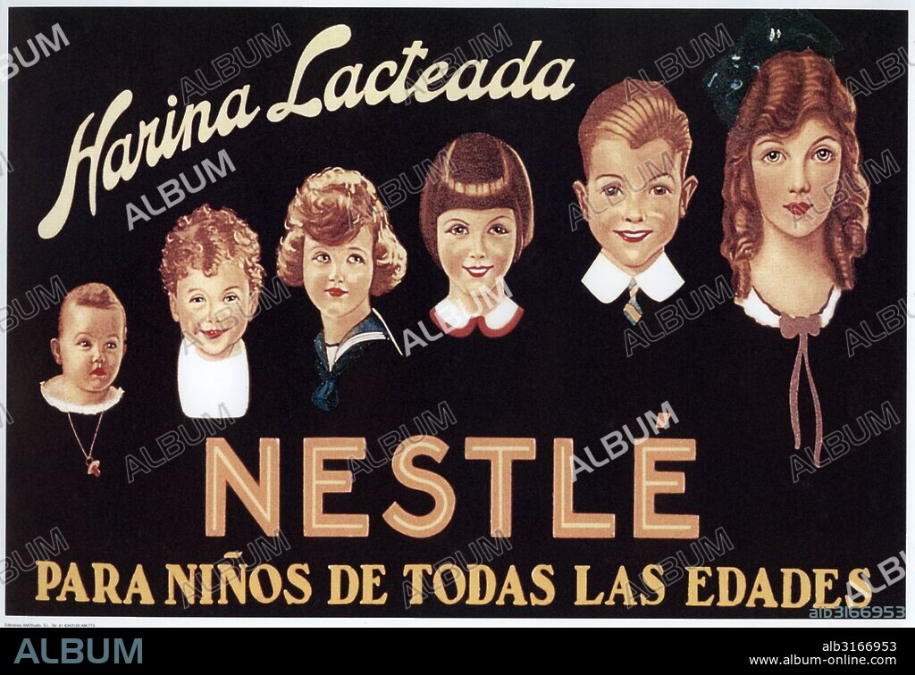 Publicidad. Harina lacteada Nestlé; serie de rostros infantiles de edades progresivas. Años 1940.