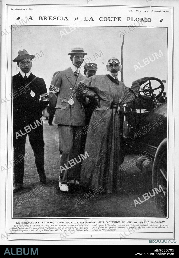 Vincenzo Florio at the Coppa Florio race, 1905 in Brescia, Lombardy. Vincenzo Florio, Jr. (1883 - 1959), was an Italian industrialist in the wine industry of Sicily, famous for establishing the Targa Florio race.