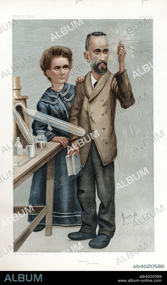 Pierre and Marie Curie, French physicists, 1904. Polish-born Marie Curie and her husband Pierre continued the work on radioactivity started by Henri Becquerel. In 1898, they discovered two new elements, polonium and radium. Marie did most of the work of producing these elements, and to this day her notebooks are still too radioactive to use. She went on to become the first woman to be awarded a doctorate in France, and continued her work after Pierre's death in 1906. In 1903 they shared the Nobel Prize for Physics with Becquerel. Cartoon from Vanity Fair, London, December 1904.