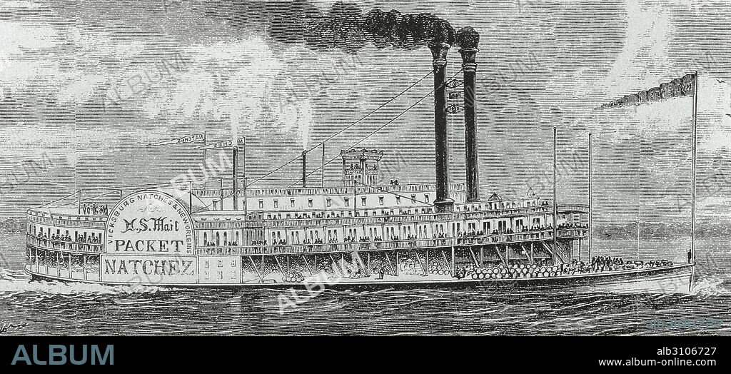 HISTORIA DE AMERICA DEL NORTE-SIGLO XIX. BARCO DE VAPOR NAVEGANDO POR EL RIO MISISIPI. Estado de Louisiana. Estados Unidos. Grabado del siglo XIX.